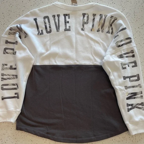NWT PINK Victoria's Secret Gray and White Color-Blocked Sweatshirt - Picture 2 of 4